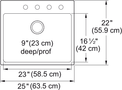 Kindred Brookmore 25" drop-in stainless steel kitchen sink BSL2225-9-4 dimension drawing