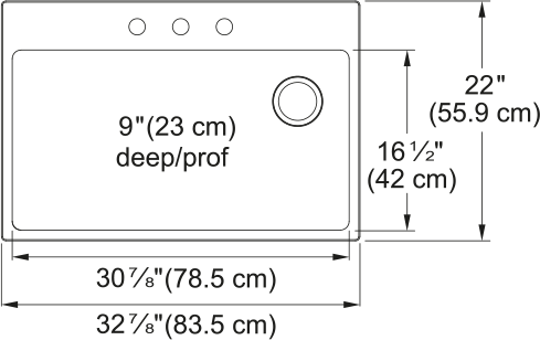 Kindred Brookmore 33" drop-in stainless steel kitchen sink BSL2233-9-3OW dimension drawing