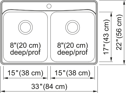 Kindred Creemore 33" drop-in stainless steel kitchen sink FCDLA3322-8-1CB dimension drawing