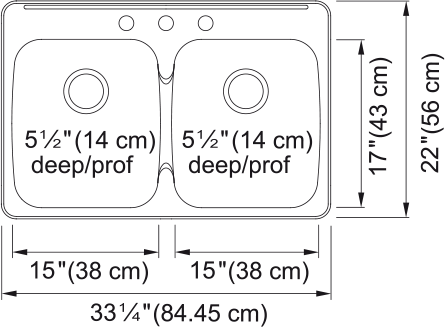 Kindred Reginox 33.38" drop-in stainless steel kitchen sink RDLA3322-55-3 dimension drawing