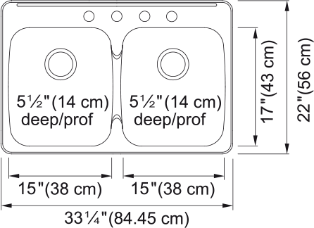 Kindred Reginox 33.38" drop-in stainless steel kitchen sink RDLA3322-55-4 dimension drawing