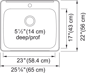 Kindred Reginox 25.62" drop-in stainless steel kitchen sink RSLA2522-55-1 dimension drawing