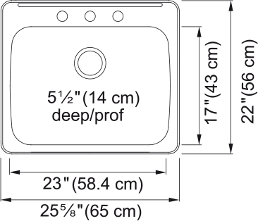 Kindred Reginox 25.62" drop-in stainless steel kitchen sink RSLA2522-55-3 dimension drawing