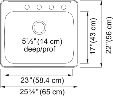 Kindred Reginox 25.62" drop-in stainless steel kitchen sink RSLA2522-55-4 dimension drawing