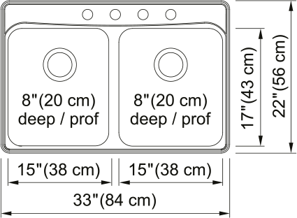 Kindred Creemore 33" drop-in stainless steel kitchen sink FCDLA3322-8-4CB dimension drawing