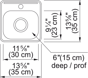 Kindred Steel Queen 13.63" drop-in stainless steel kitchen sink QSL1313-6-1 dimension drawing
