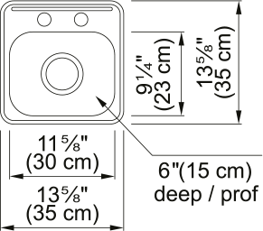 Kindred Steel Queen 13.63" drop-in stainless steel kitchen sink QSL1313-6-2 dimension drawing