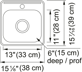 Kindred Steel Queen 15.13" drop-in stainless steel kitchen sink QSL1515-6-1 dimension drawing
