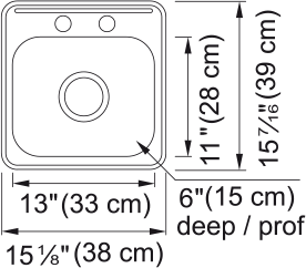 Kindred Steel Queen 15.13" drop-in stainless steel kitchen sink QSL1515-6-2 dimension drawing