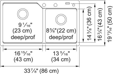 Kindred Urban 34" drop-in fragranite kitchen sink MGCM2034-9 dimension drawing
