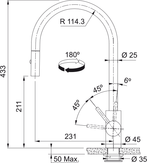 Franke Eos Neo pull-down kitchen faucet EOS-PD dimension drawing