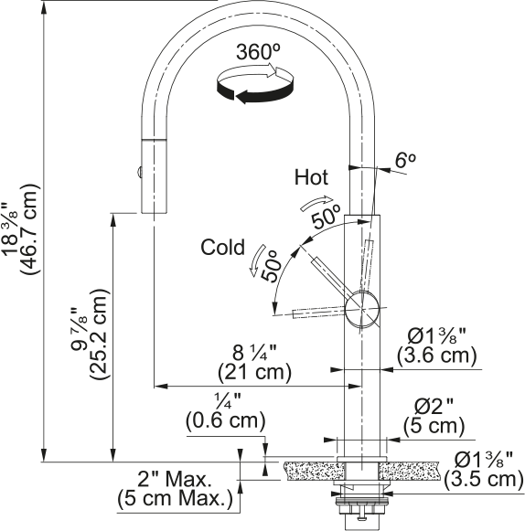 Franke Pescara pull-down kitchen faucet PES2-PD dimension drawing