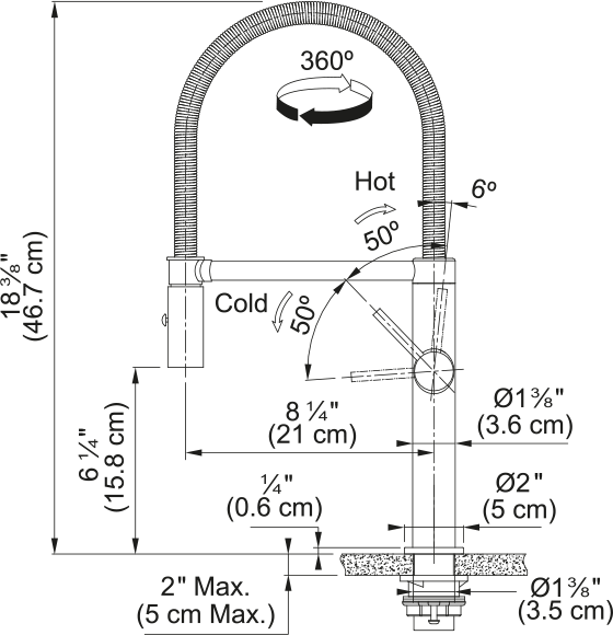Franke Pescara semi-pro pull-down kitchen faucet PES2-SP dimension drawing