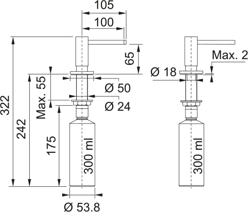 Franke Single Hole Soap Dispenser ACT-SD dimension drawing