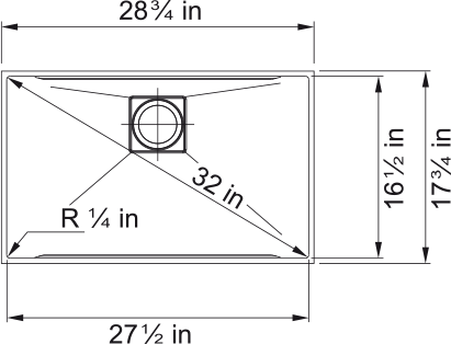 Franke Peak 28.75" undermount stainless steel kitchen sink PKX11028-S dimension drawing