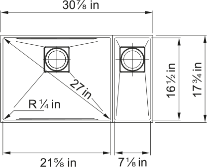 Franke Peak 30.88" undermount stainless steel kitchen sink PKX160-LH-S dimension drawing