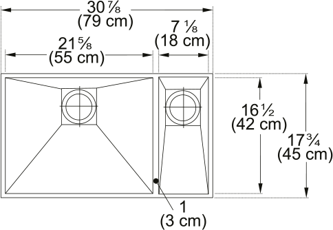 Franke Peak 30.88" undermount stainless steel kitchen sink PKX160-RH-S dimension drawing