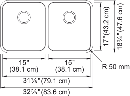 Franke Grande 32.88" undermount stainless steel kitchen sink GDX12031-CA dimension drawing