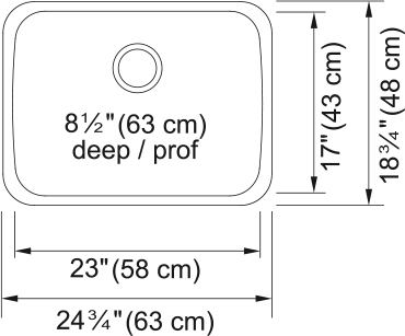 Kindred Reginox 24.8" undermount stainless steel kitchen sink NS1925U-9 dimension drawing