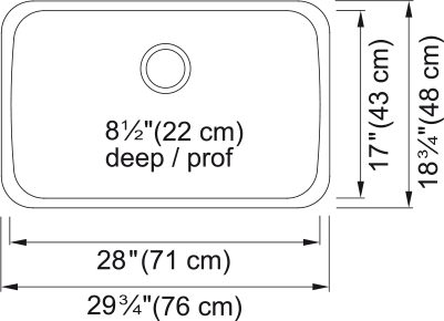 Kindred Reginox 29.75" undermount stainless steel kitchen sink NS1930U-9 dimension drawing