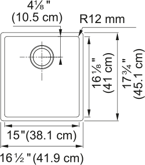 Franke Cube 16.5" undermount stainless steel kitchen sink CUX110-15-CA dimension drawing