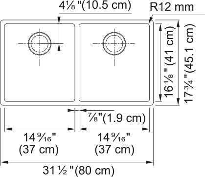 Franke Cube 31.5" undermount stainless steel kitchen sink CUX120-CA dimension drawing