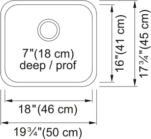 Kindred Reginox 19.68" undermount stainless steel kitchen sink RSU1820-7 dimension drawing