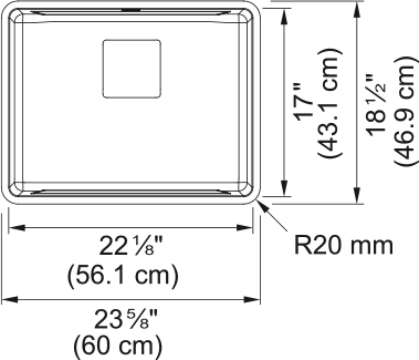 Franke Pescara 23.6" undermount stainless steel kitchen sink PTX110-22-CA dimension drawing