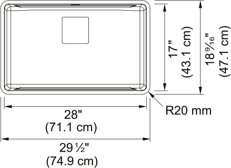 Franke Pescara 29.5" undermount stainless steel kitchen sink PTX110-28-CA dimension drawing
