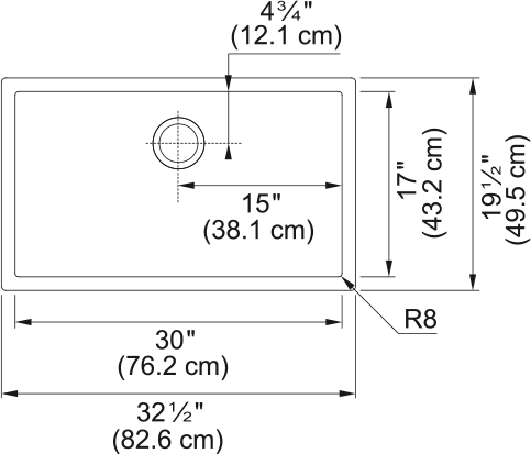 Franke Professional 2.0 32.5" undermount stainless steel kitchen sink PS2X110-30-CA dimension drawing