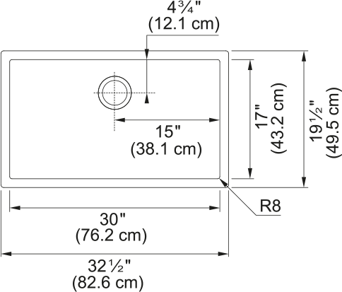 Franke Professional 2.0 32.5" undermount stainless steel kitchen sink PS2X110-30-12-CA dimension drawing
