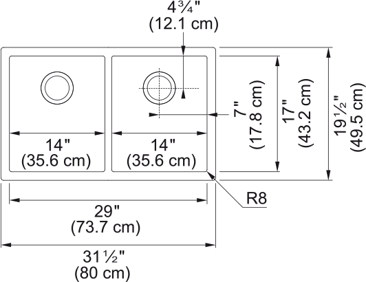Franke Professional 2.0 31.5" undermount stainless steel kitchen sink PS2X120-14-14-CA dimension drawing