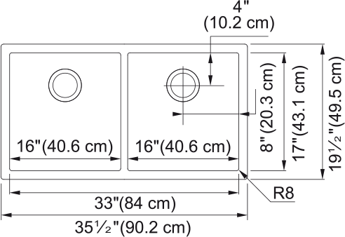 Franke Professional 2.0 35.5" undermount stainless steel kitchen sink PS2X120-16-16-CA dimension drawing
