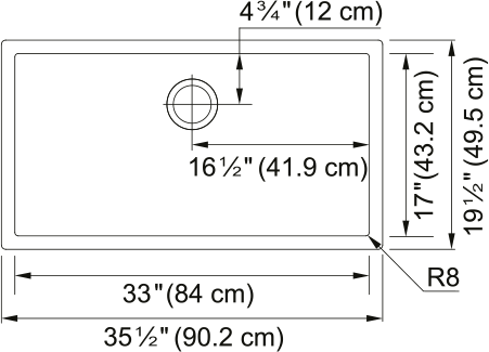 Franke Professional 2.0 35.5" undermount stainless steel kitchen sink PS2X110-33-CA dimension drawing