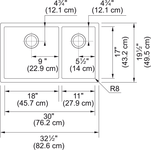 Franke Professional 2.0 32.5" undermount stainless steel kitchen sink PS2X160-18-11-CA dimension drawing