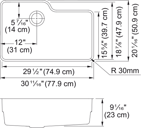 Franke Orca 2 31" undermount stainless steel kitchen sink OR2X110-WKC dimension drawing