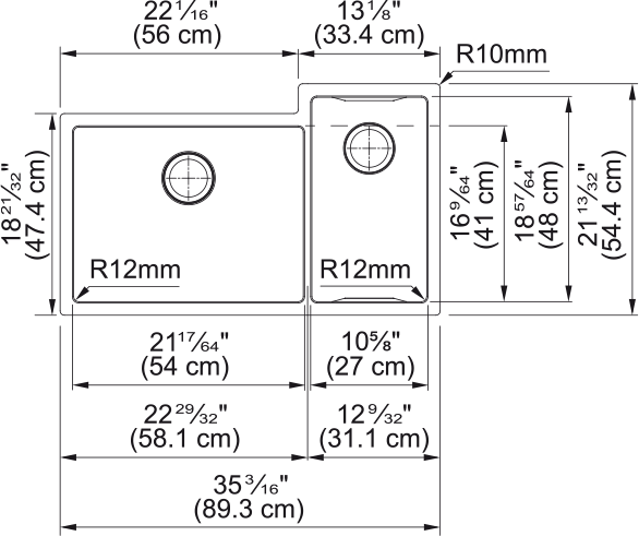 Franke Culinary Work Center 35.19" undermount stainless steel kitchen sink CUX16021-W dimension drawing