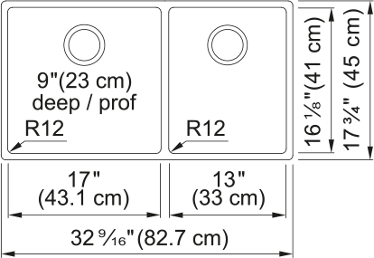 Franke Cube 32.58" undermount stainless steel kitchen sink CUX160-32-CA dimension drawing