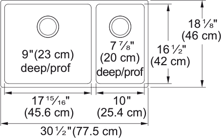 Kindred Brookmore 30.6" undermount stainless steel kitchen sink BCU1831R-9 dimension drawing