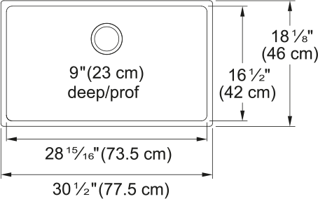 Kindred Brookmore 30.6" undermount stainless steel kitchen sink BSU1831-9 dimension drawing
