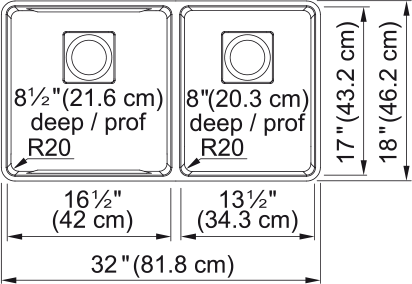 Franke Pescara 32" undermount stainless steel kitchen sink PTX160-31-CA dimension drawing