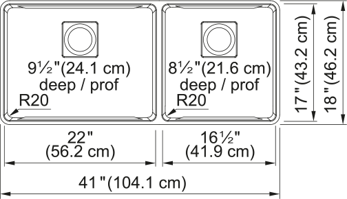 Franke Pescara 41" undermount stainless steel kitchen sink PTX160-40-CA dimension drawing