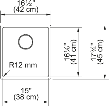Franke Vertex 16.54" undermount stainless steel kitchen sink VXT11015-S dimension drawing