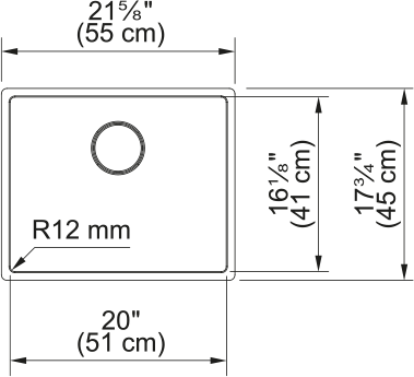 Franke Vertex 21.57" undermount stainless steel kitchen sink VXT11020-S dimension drawing