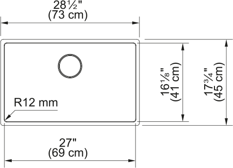 Franke Vertex 28.54" undermount stainless steel kitchen sink VXT11027-S dimension drawing