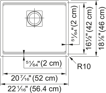 Franke Peak 22.06" undermount fragranite kitchen sink PKG110-20 dimension drawing