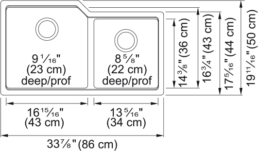 Kindred Urban 34" undermount fragranite kitchen sink MGC2034U-9 dimension drawing