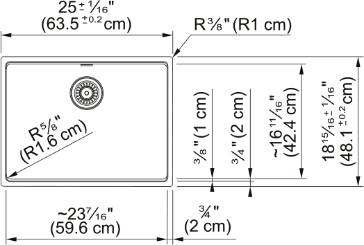 Franke Maris 25" undermount fragranite kitchen sink MAG11023 dimension drawing
