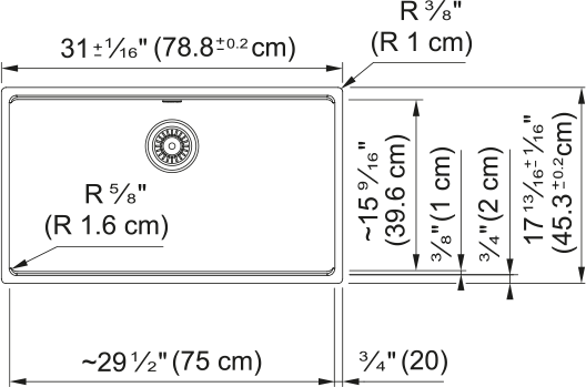Franke Maris 31" undermount fragranite kitchen sink MAG11029 dimension drawing