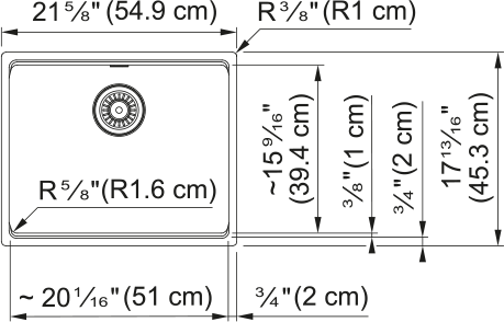 Franke Maris 21.63" undermount fragranite kitchen sink MAG11020 dimension drawing